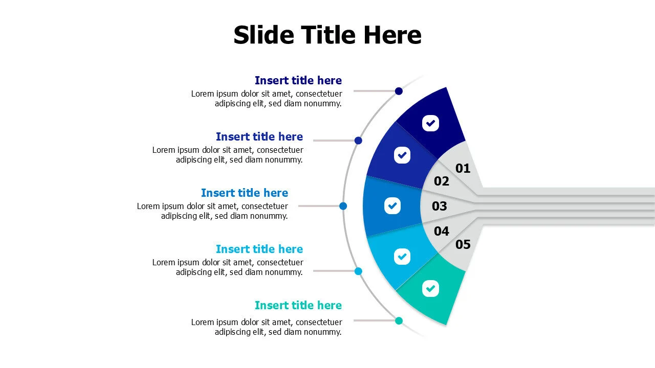 5 points colored shapes with icons branching infographic