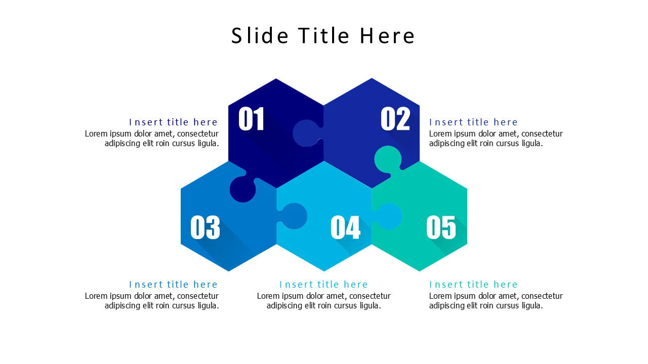 5 points connected colored puzzle pieces infographic with numbers