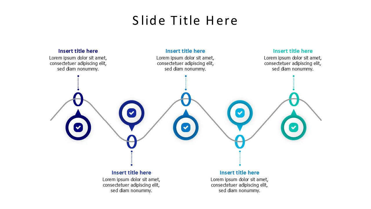 5 points curved zigzag line with rings infographic