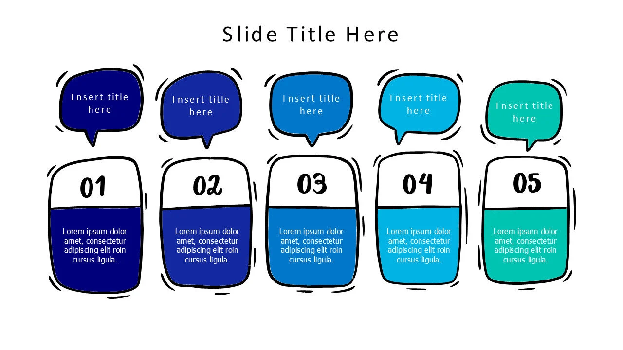 5 points doodle colored blocks with speech bubbles infographic