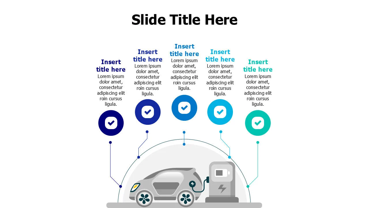 5 points electric car with charging station infographic