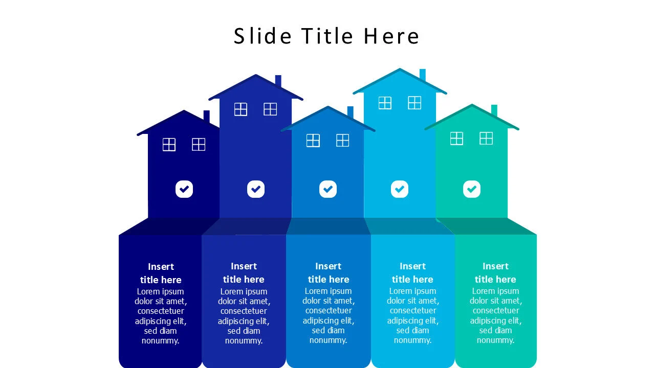 5 points flat colored homes with icons infographic