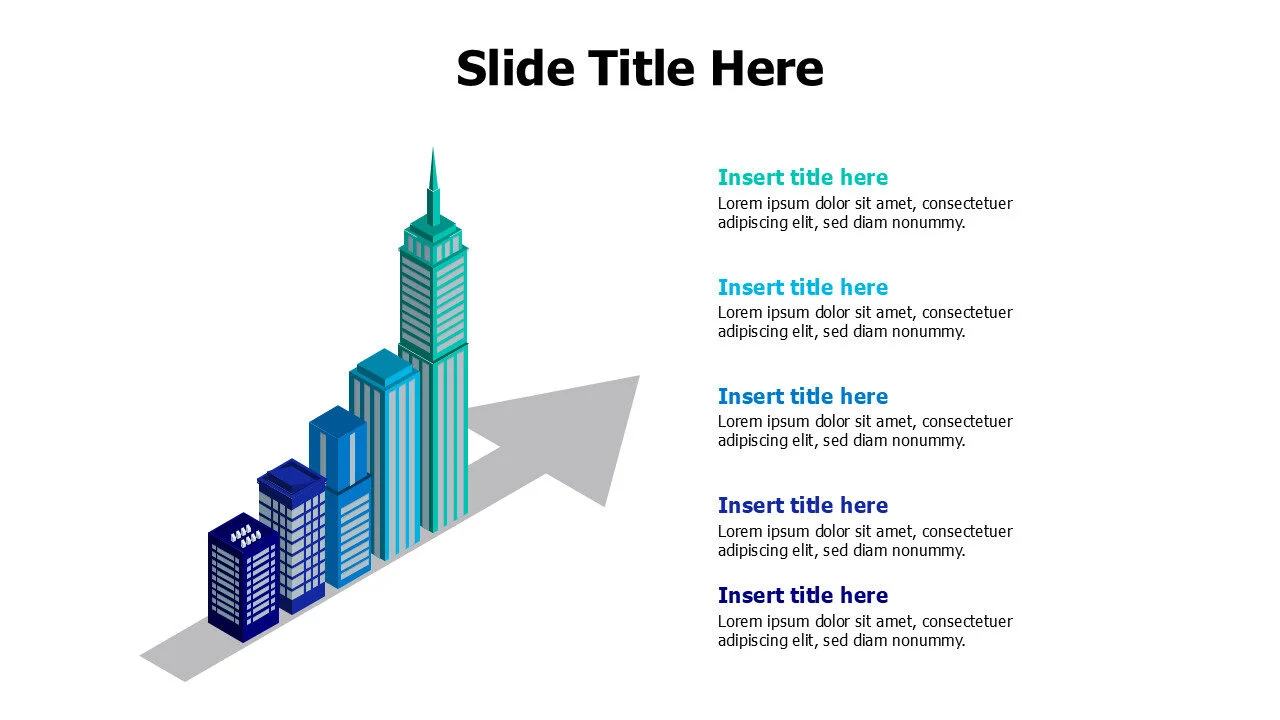 5 points growing 3D buildingd on arrow infographic