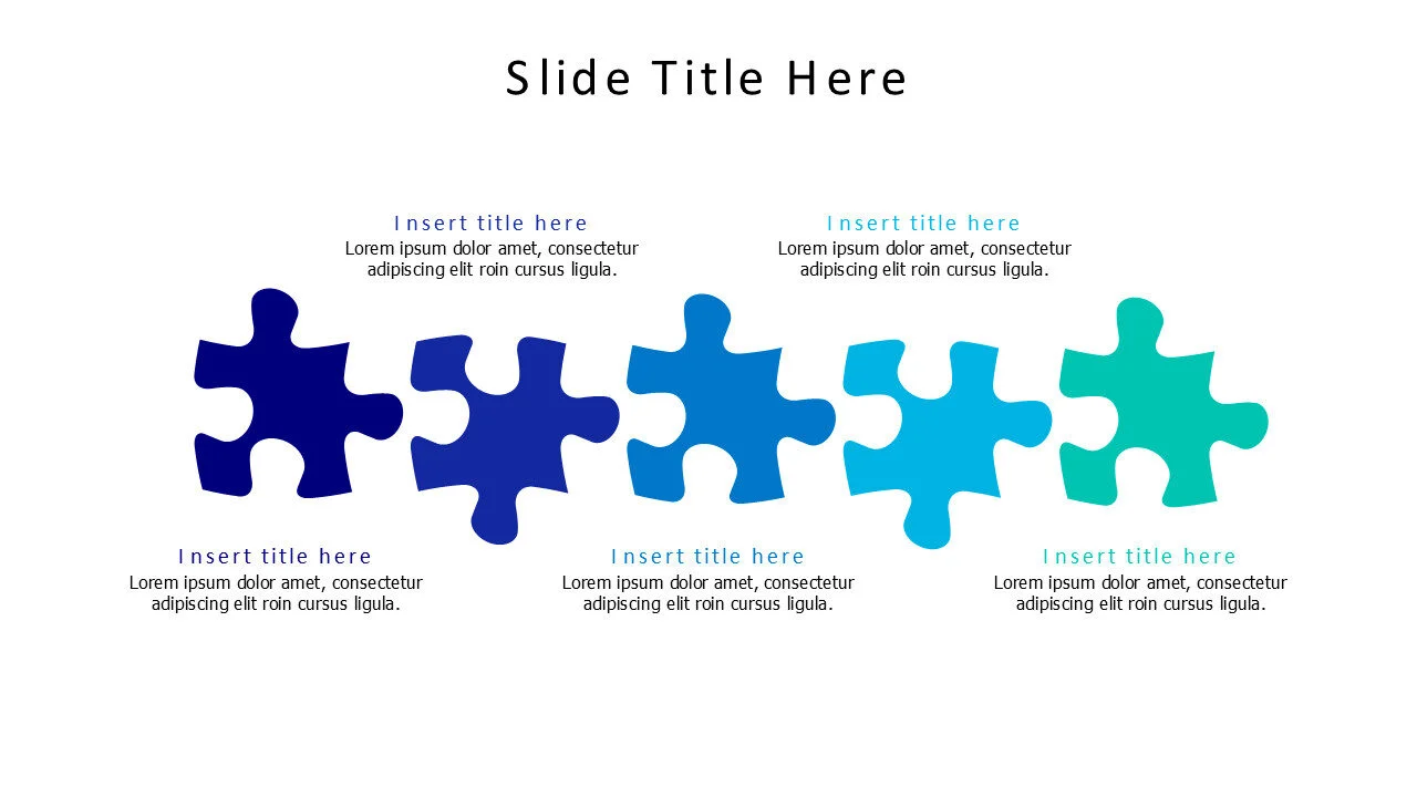 5 points horizontal seperated colored puzzle pieces infographic