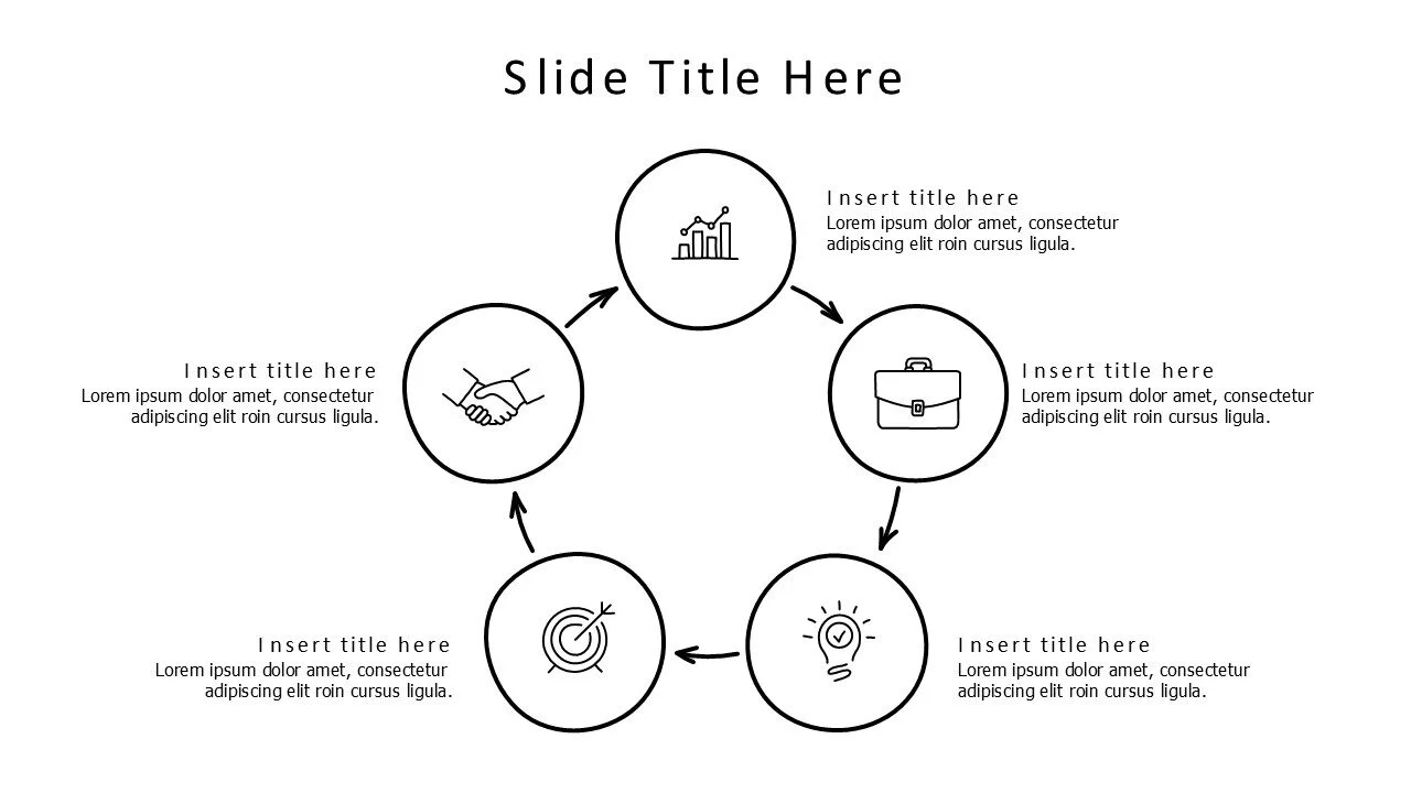 5 points outline rounding circles with icons infographic