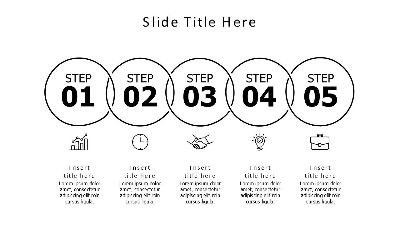 5 points overlayered outline circles with icons infographic