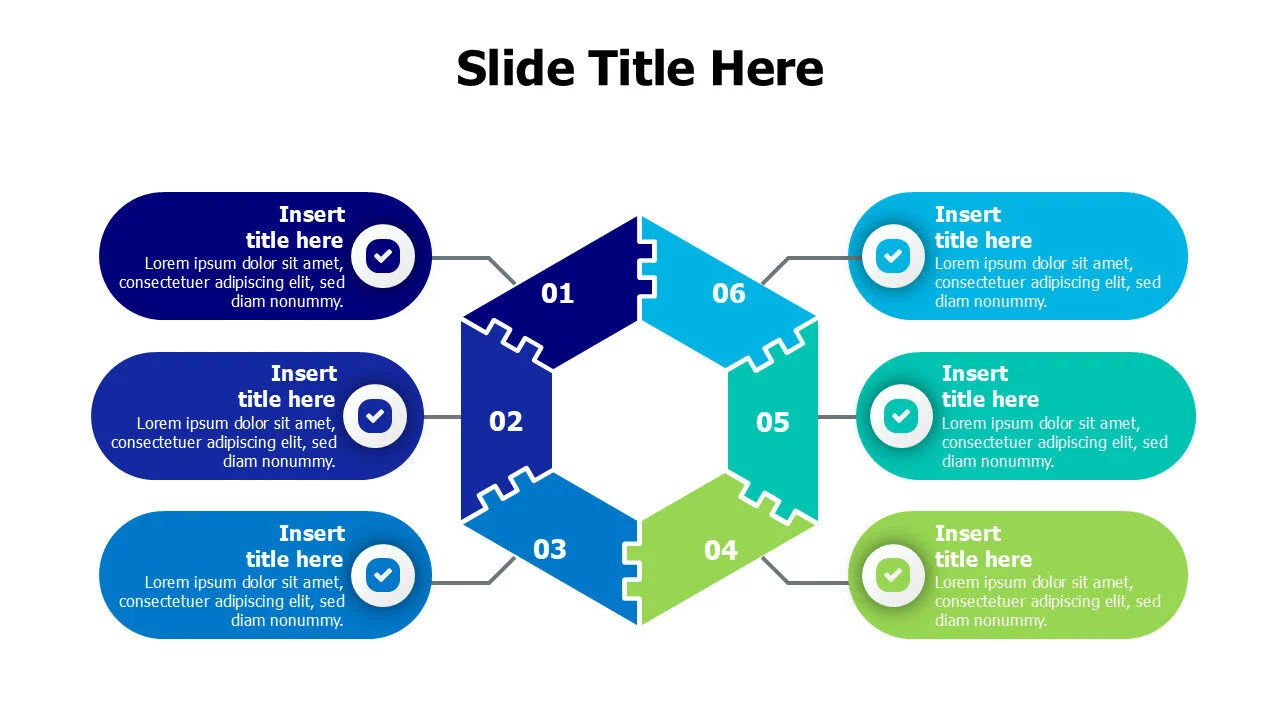 6 branching points with puzzled heaxagon infographic