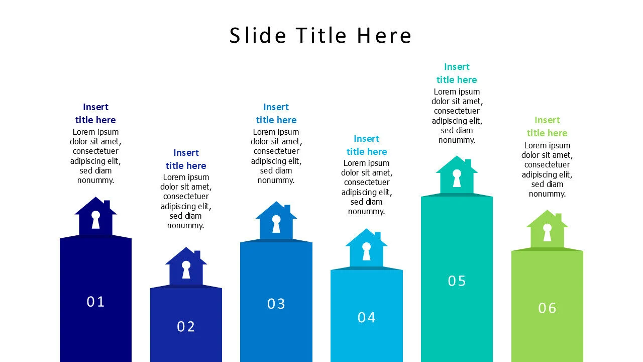 6 colored buildings with numbering infographic