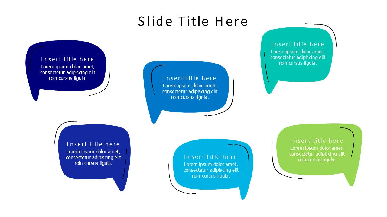 6 colored doodle outline speech bubbles infographic