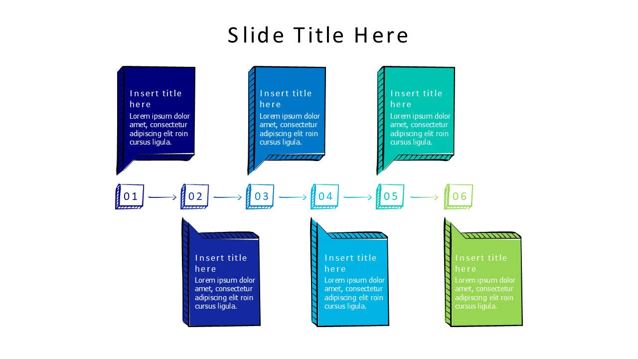 6 colored doodle speech bubbles with numbers on a timeline infographic
