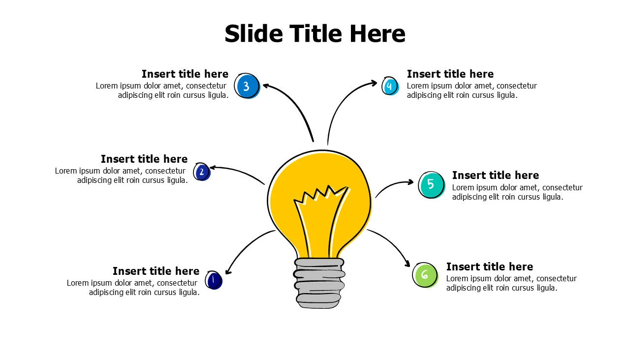6 colored points from a sketchy bulb infographic