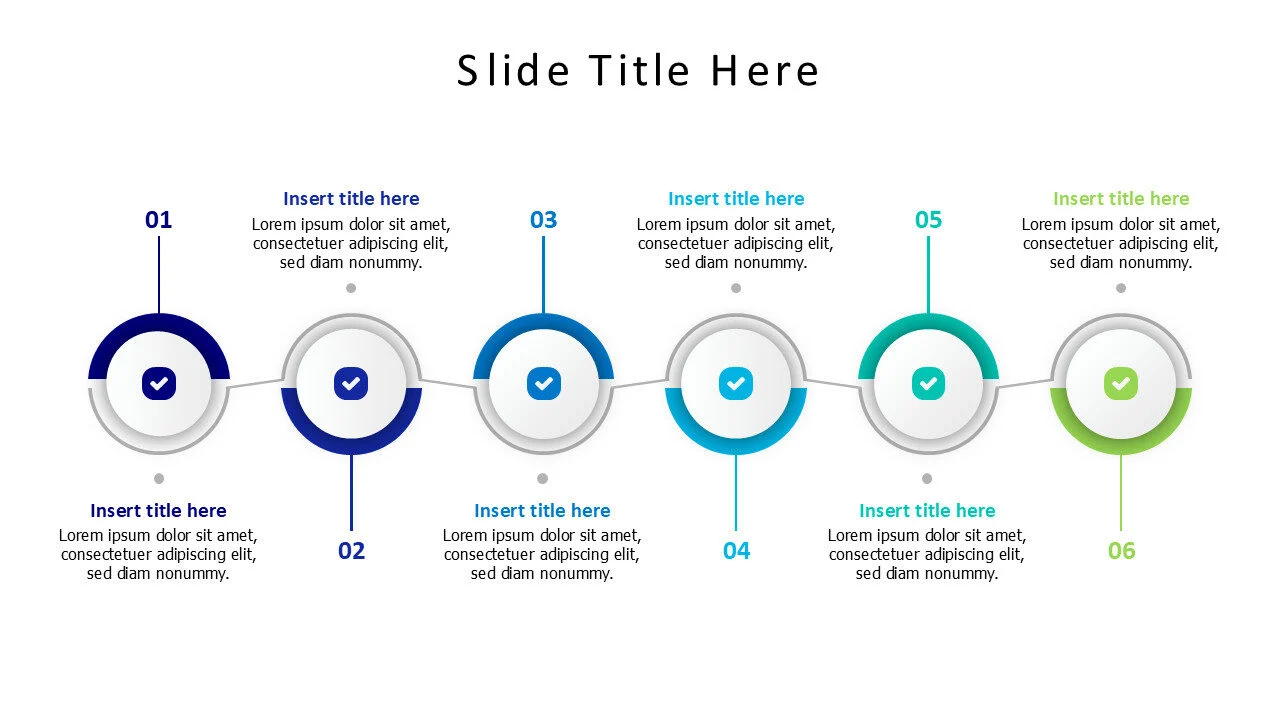 6 conitnuous circles with lines and icons timeline infographic