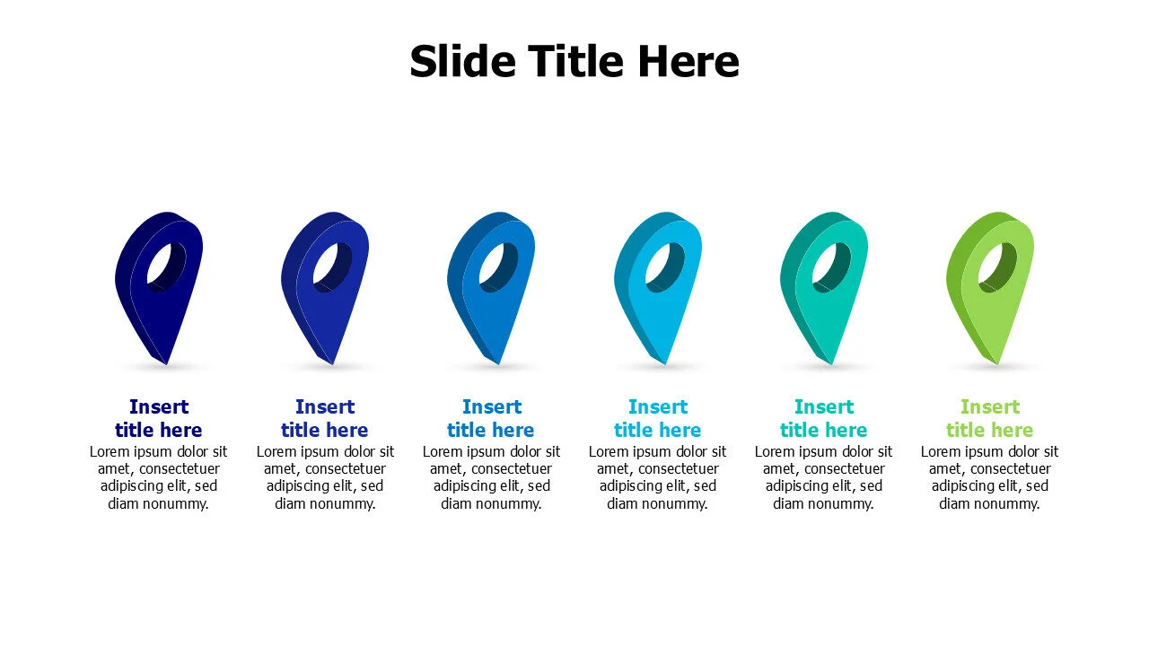 6 points 3D colored location pins infographic