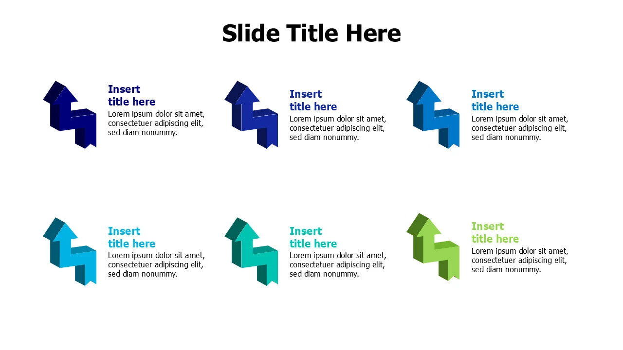 6 points 3D colored sharp arrows infographic