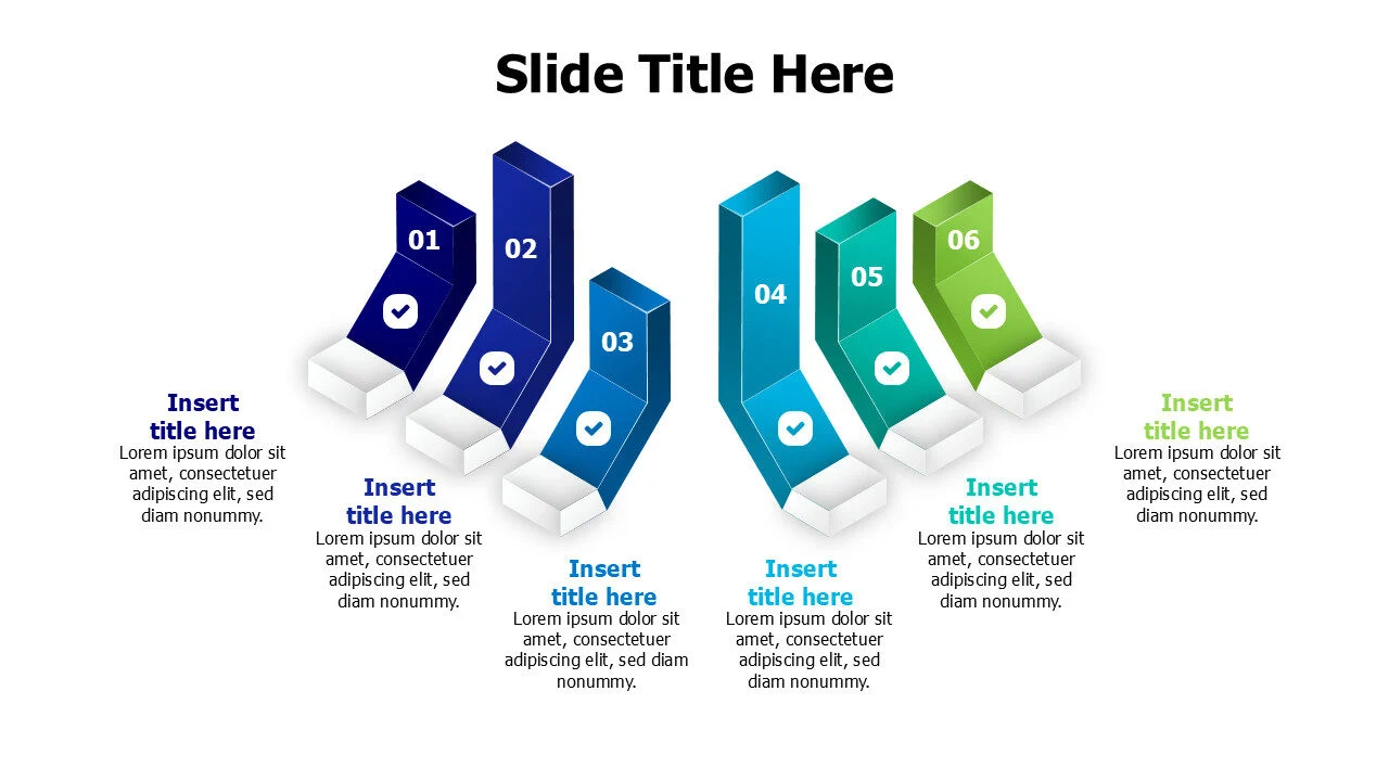 6 points 3D standing blocks infographic with icons