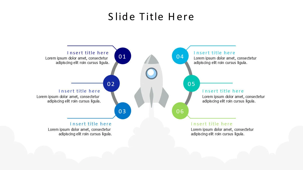6 points around a flying rocket with fume infographic
