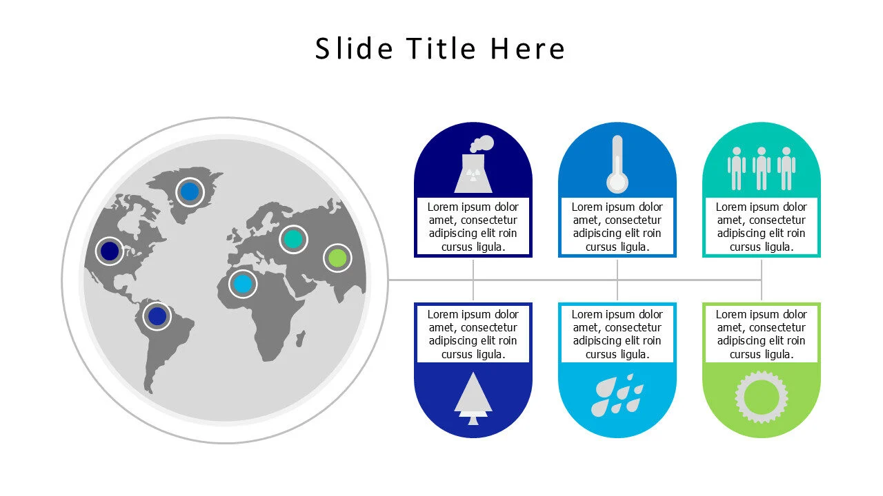 6 points branching curved shapes from a world map infographic
