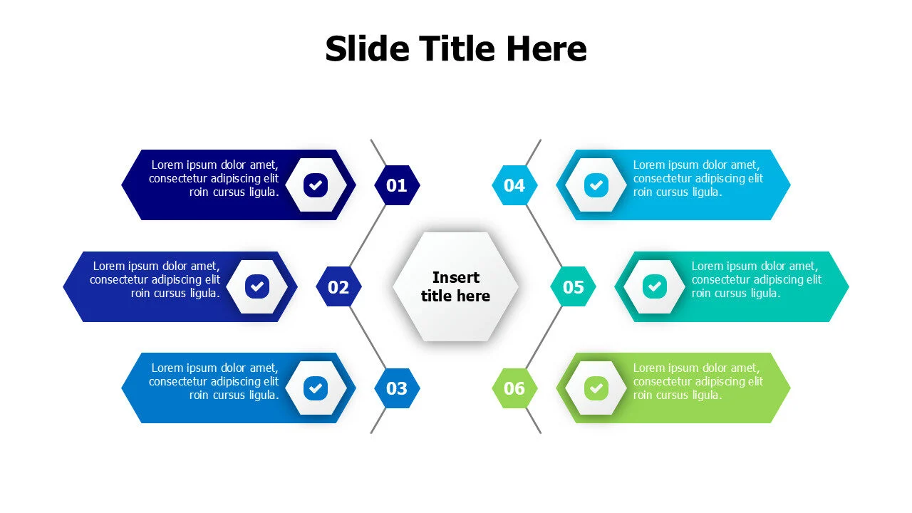 6 points branching hexagon shapes infographic