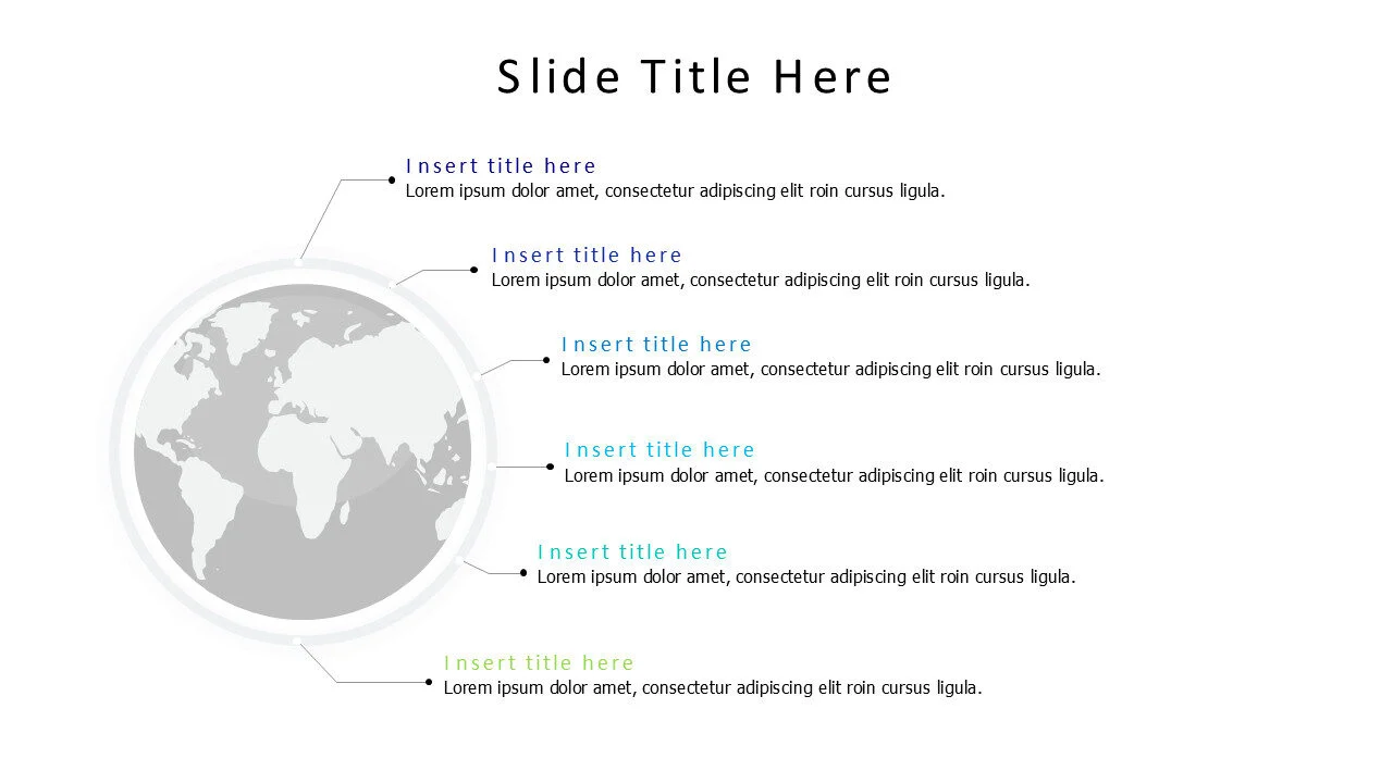 6 points branching world map with colored titles infographic