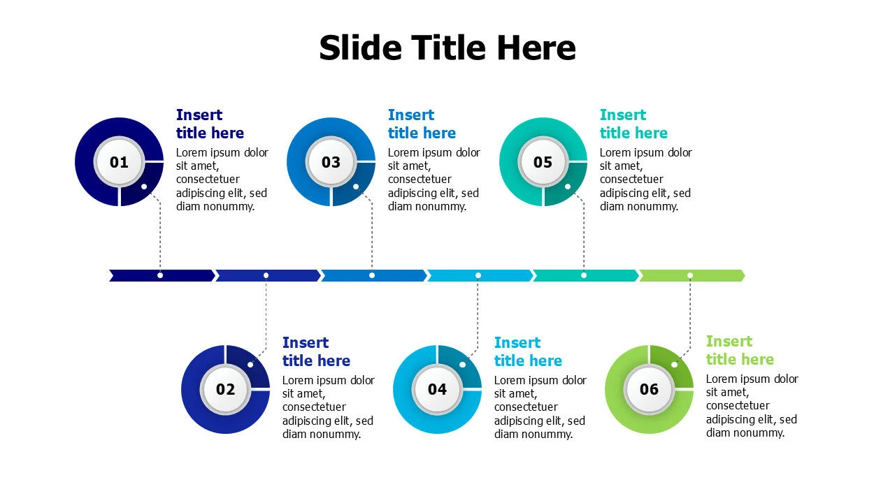 6 points circles from arrow line timeline infographic