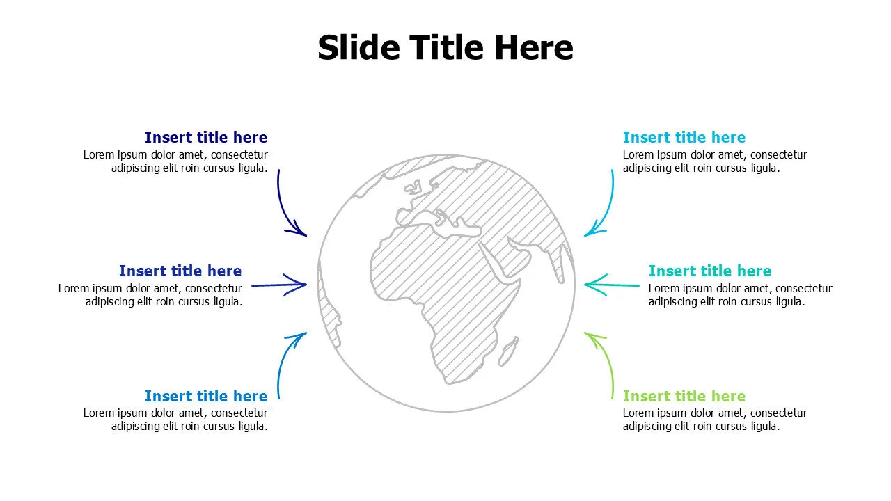 6 points colored arrows branching earth infographic