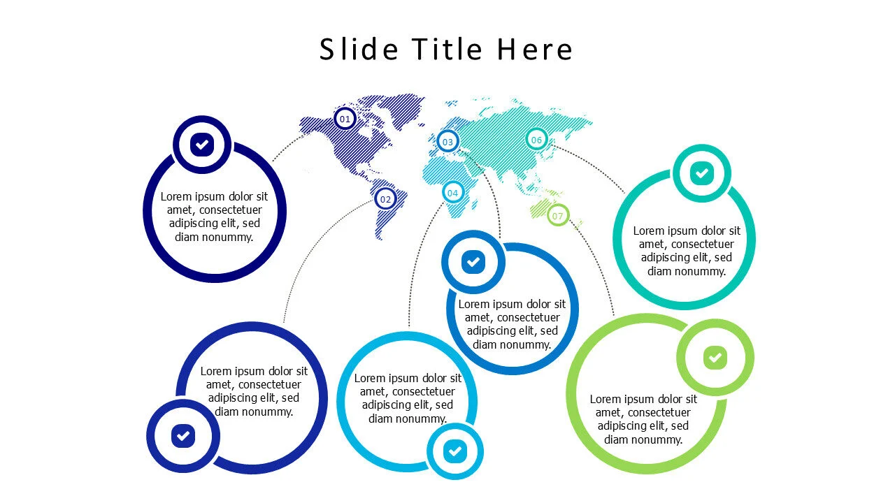 6 points colored circles with Continents of the world infographic