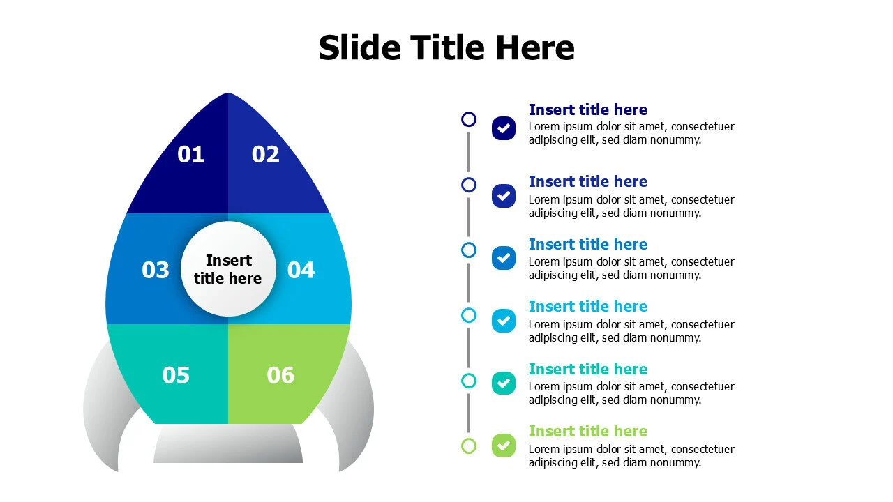 6 points colored divided rocket infographic