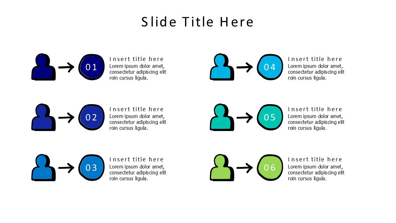6 points colored doodle personas with numbers infographic
