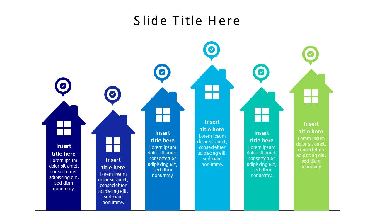 6 points colored homes with location pins infographic