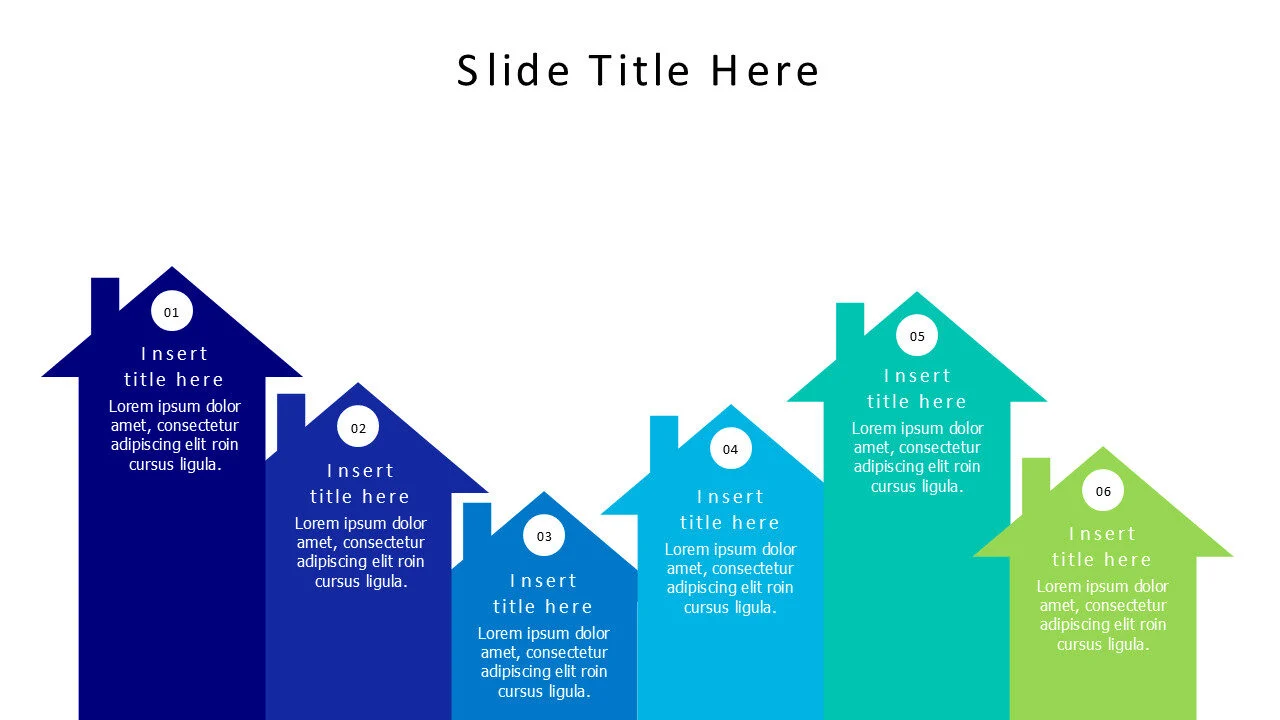 6 points colored horizontal homes infographic
