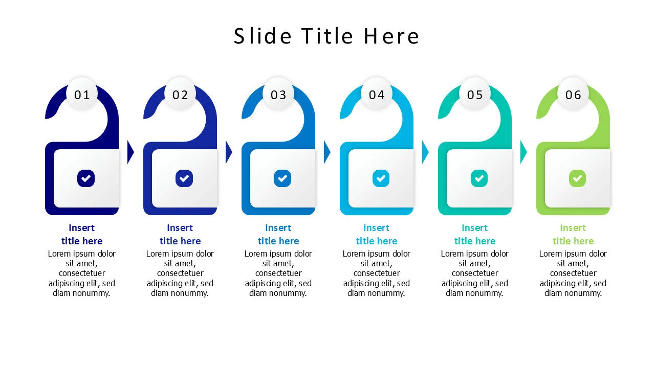6 points colored labels with icons and numbers infographic