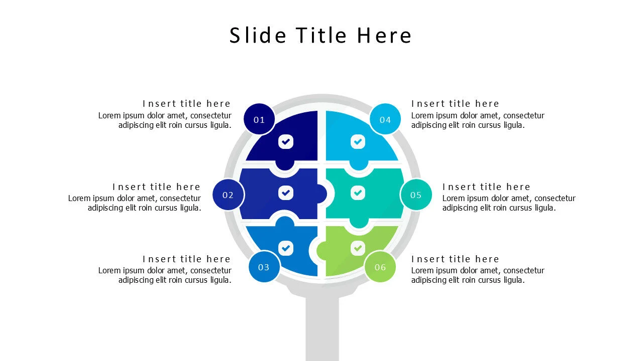 6 points colored magnifying glass puzzle infographic
