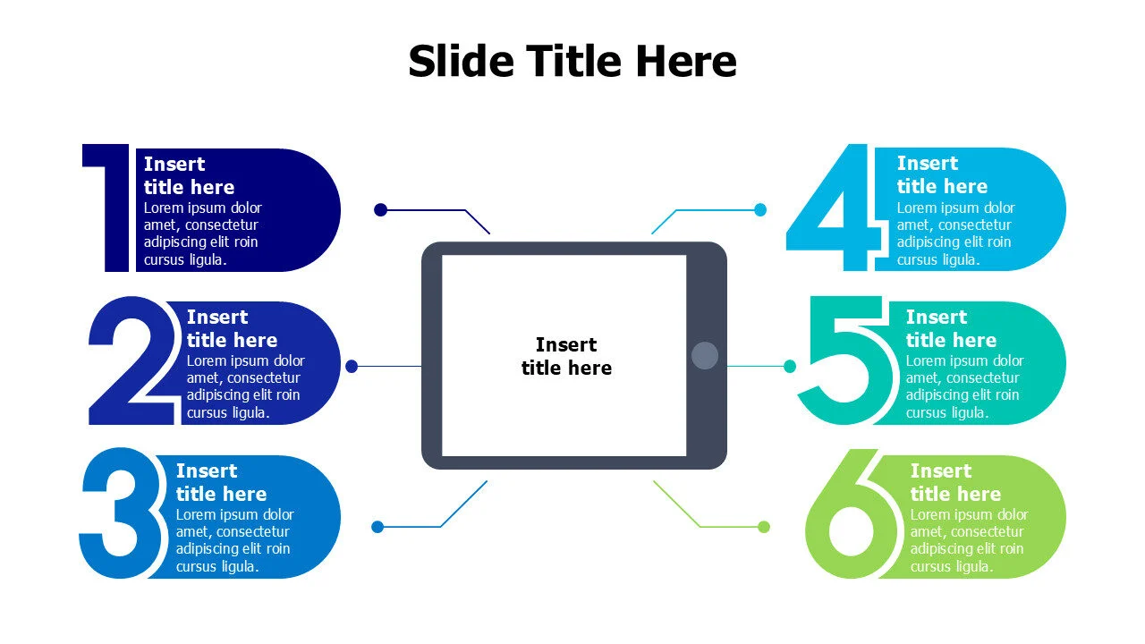 6 points colored numbers branching infographic