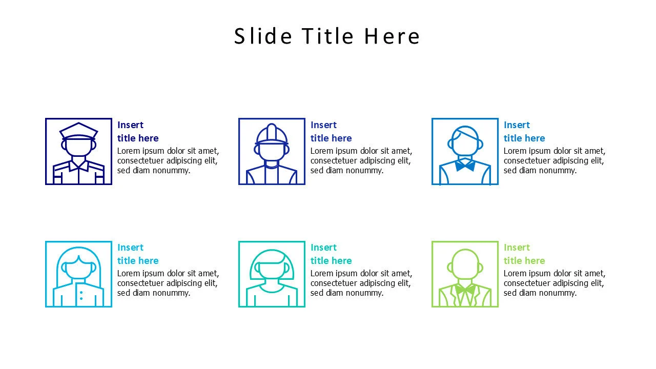 6 points colored outlined figures infographic