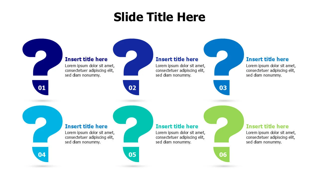 6 points colored question marks with numbers infographic