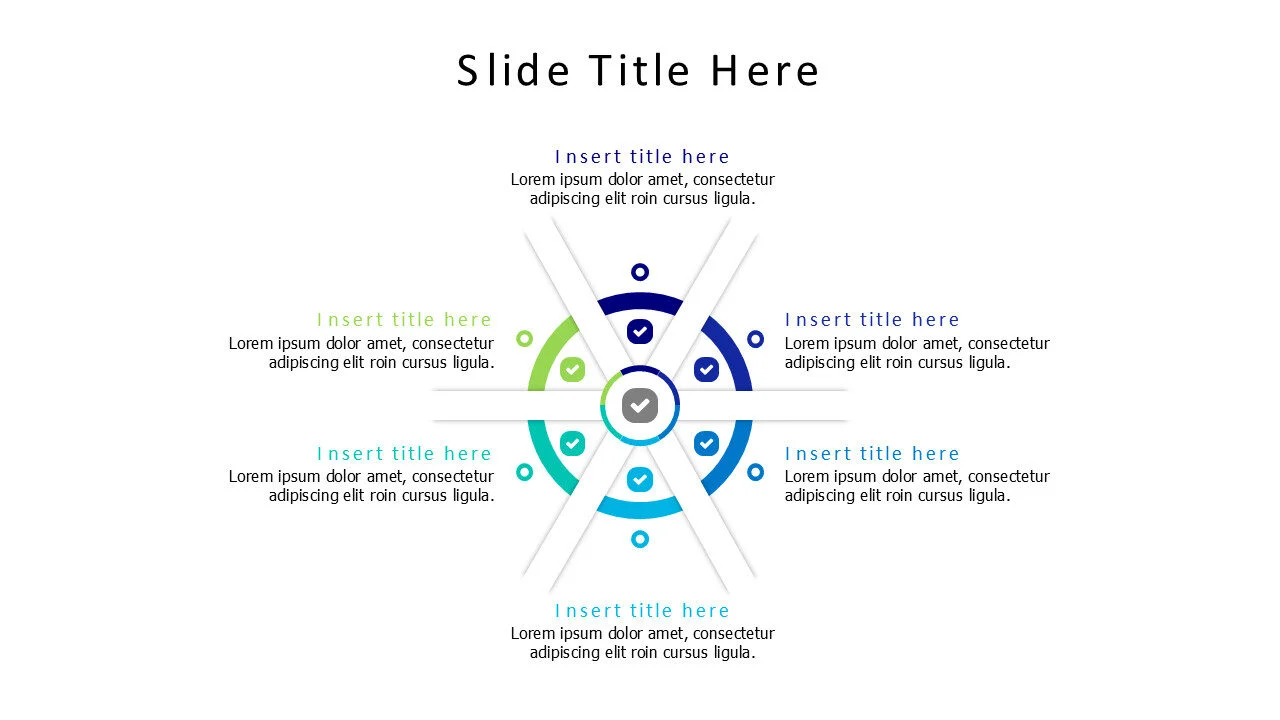 6 points cross divided colored circle infographic