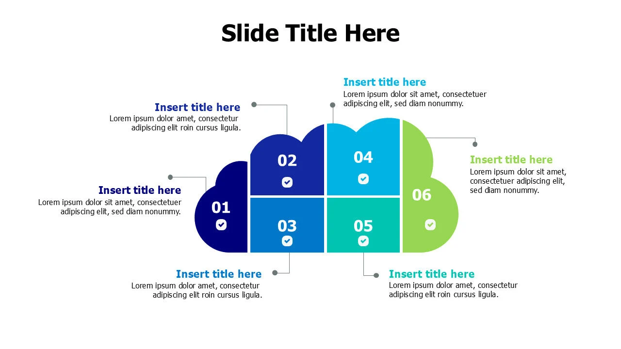 6 points divided colored cloud infographic