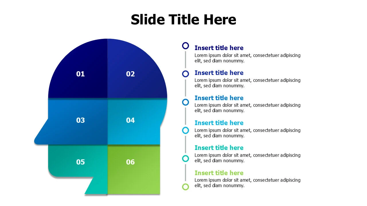 6 points divided colored human head infographic