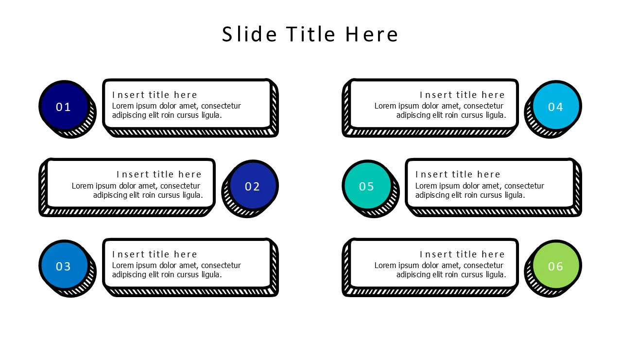 6 points doodle colored points with stripes infographic