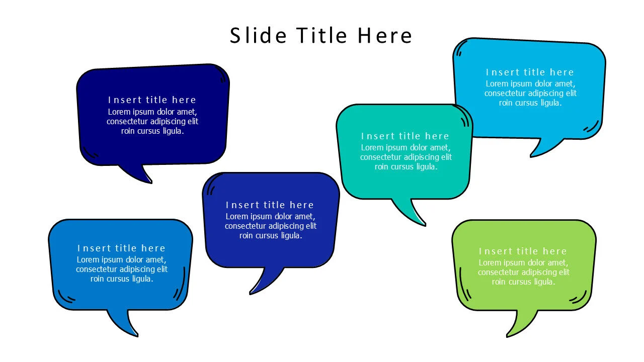 6 points doodle speech bubbles with titles infographic