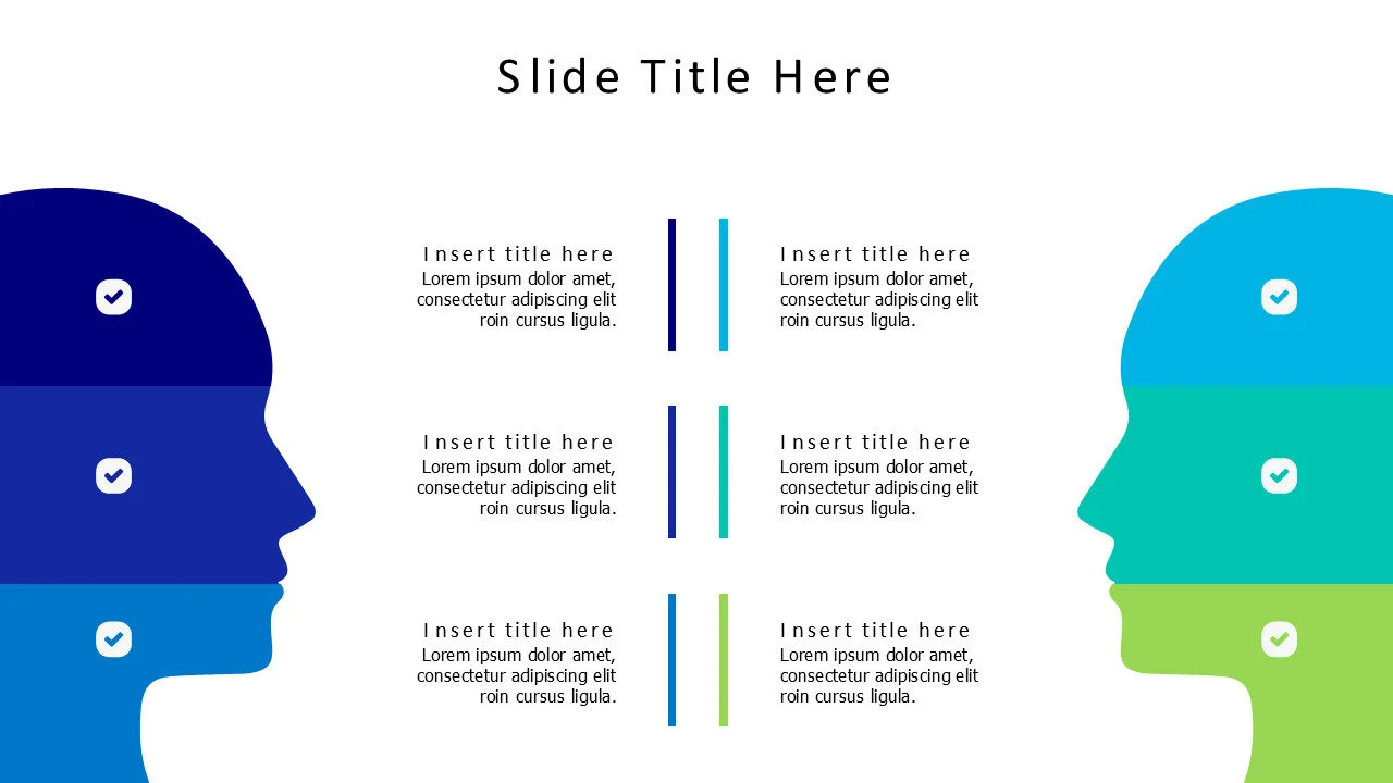 6 points facing colored heads infographic