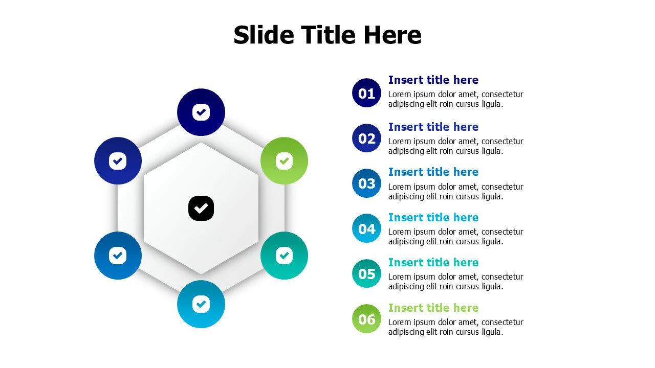 6 points hexagon infographic with icons and numbering