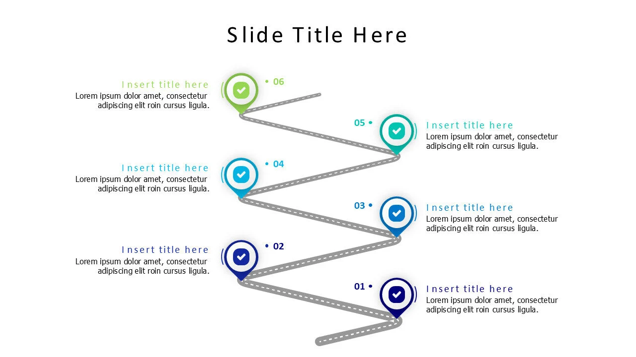 6 points location pins on a roadmap infographic