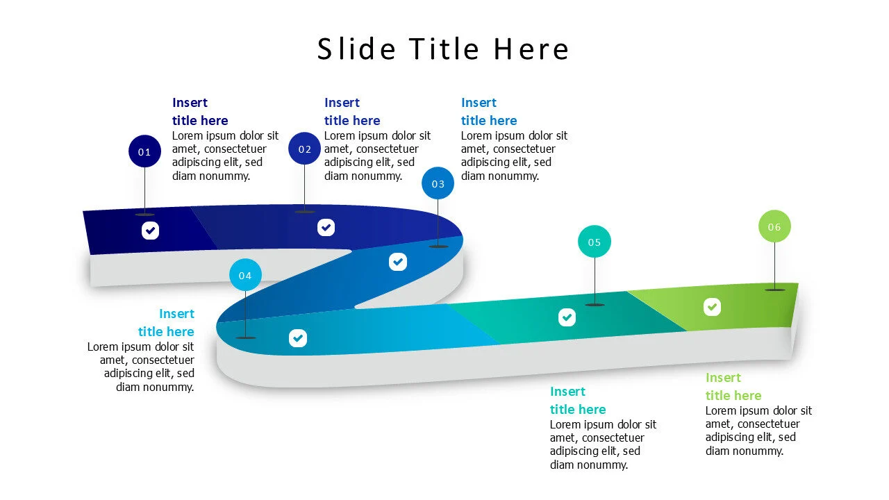 6 points on a curved colored road map infographic