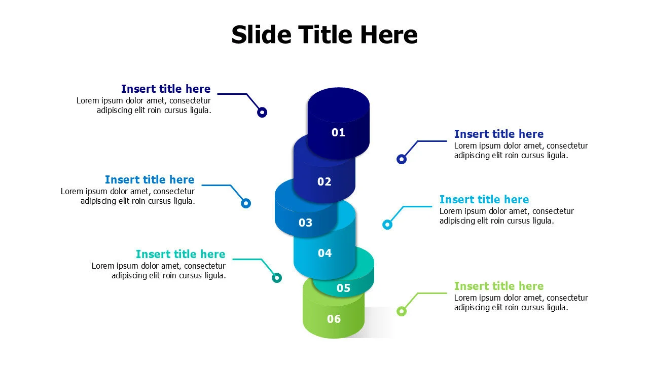 6 points overlayed 3D cylinders infographic