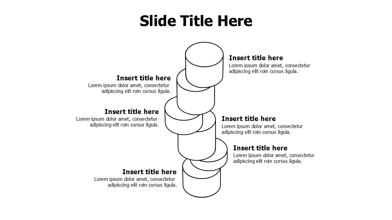 6 points overlayered 3D outline cylinders infographic