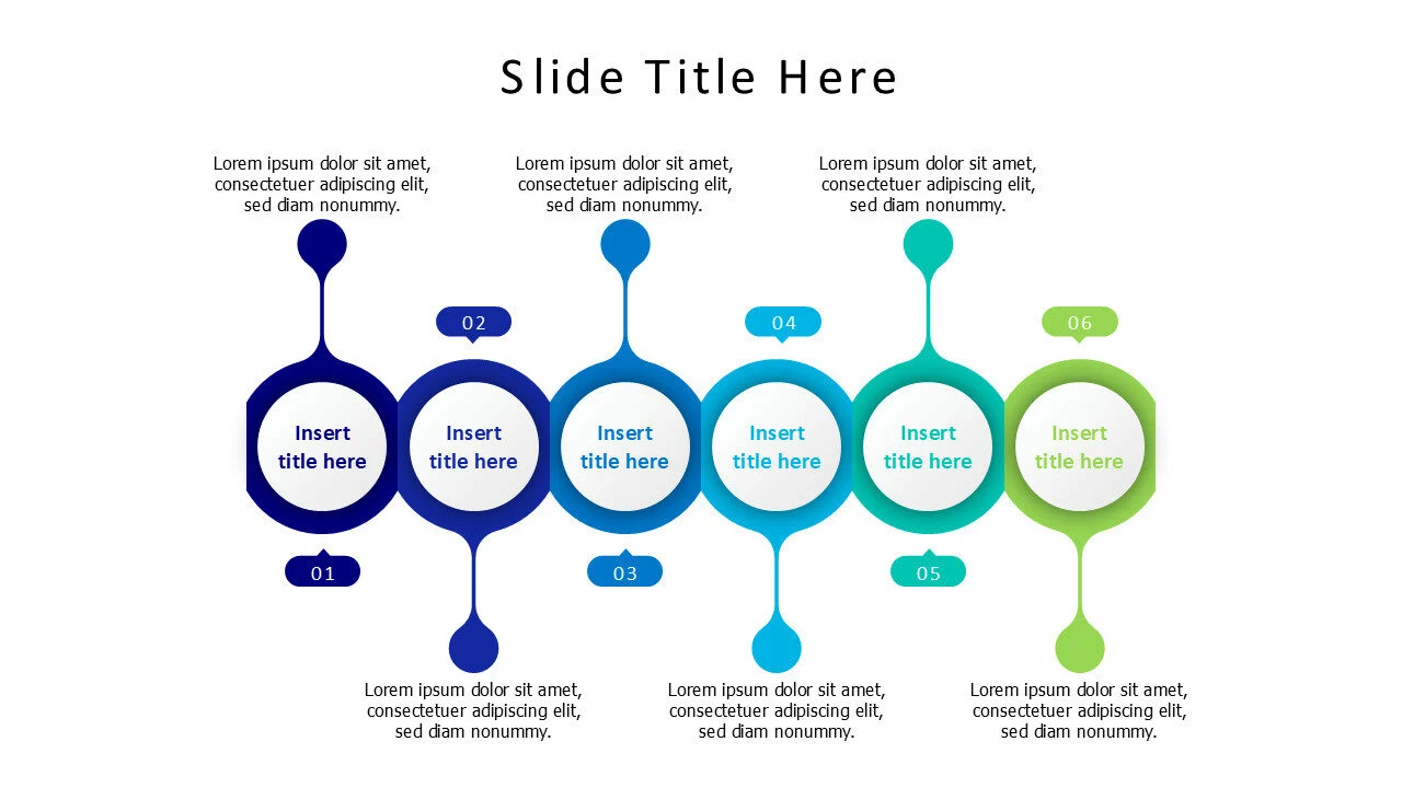 6 points timeline circles and lines infographic