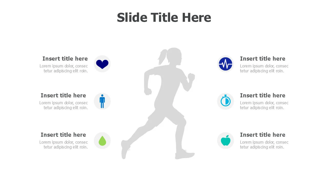 6 points with healthcare icons around running woman