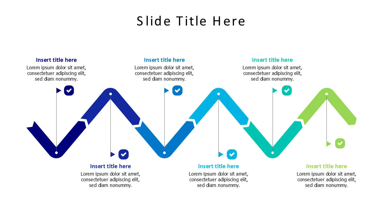 6 points zaigzag timeline with flags and arrow infographic