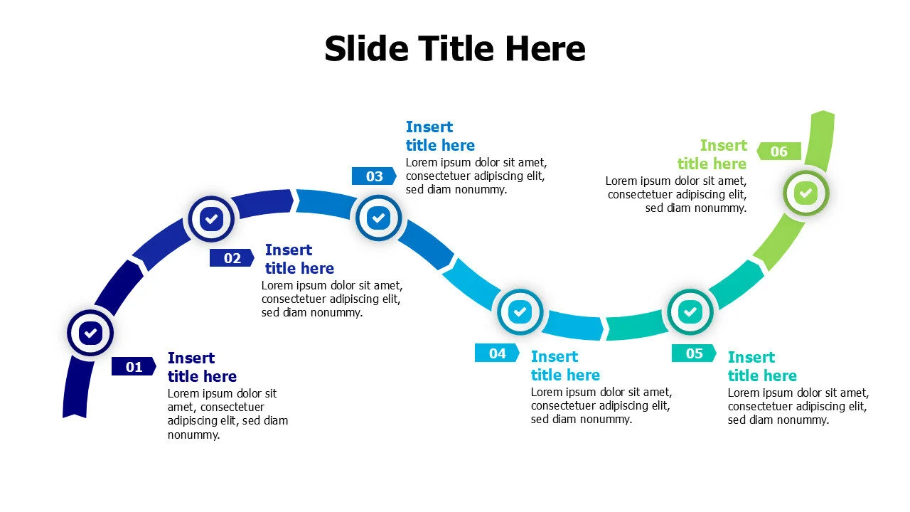 6 steps curved arrow with circles and numbers infographic